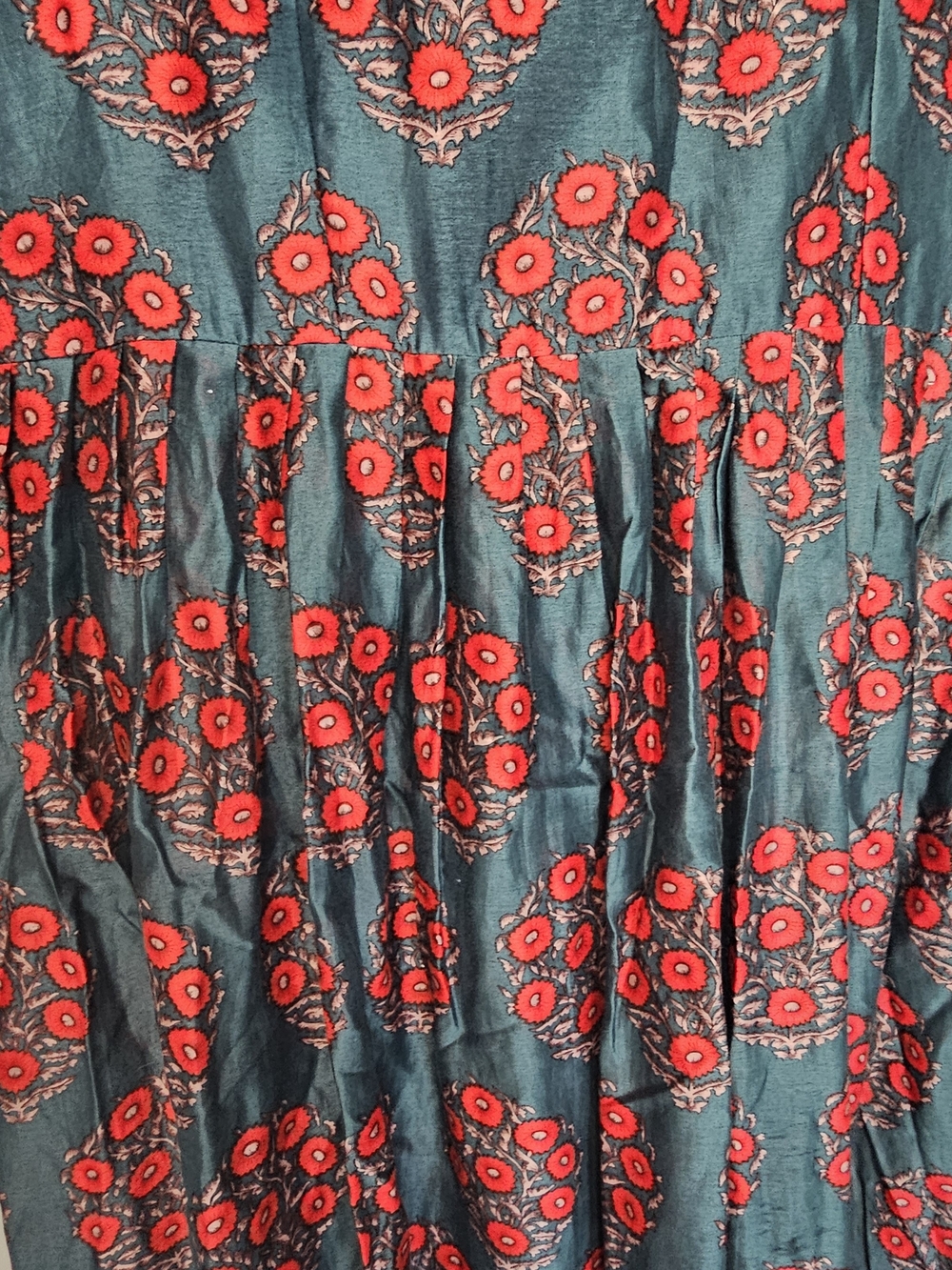 Vintage Teal Red Floral Satin Boho Maxi Dress Mandarin Collar Cottagecore - Picture 11 of 14